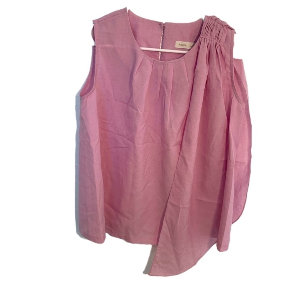 Adela Women's Sleeveless Blouse Crewneck Pleated Bow Shoulder Pink Purple